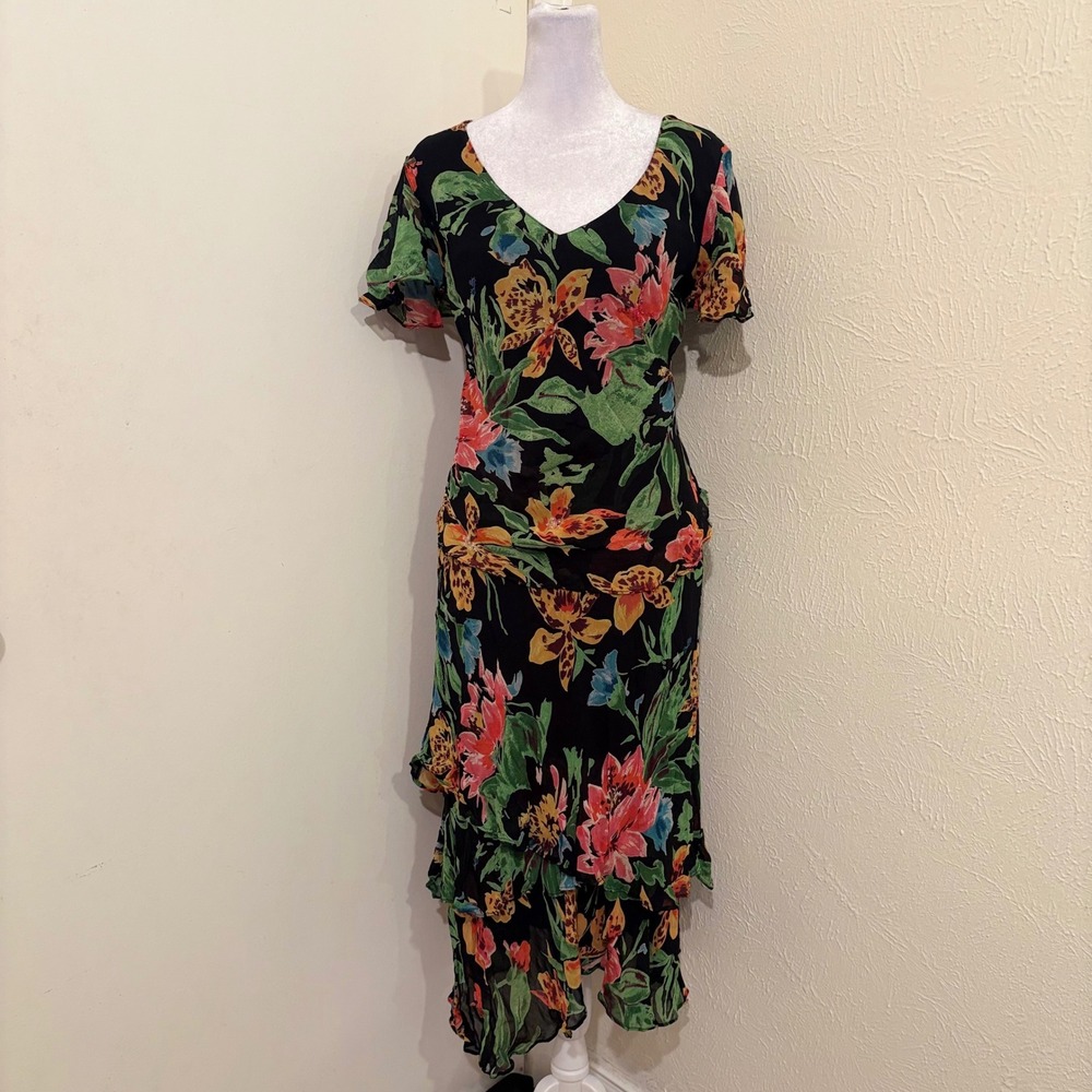 Lola P. Tropical Floral Beaded Tiered Ruffle Bias Cut Midi Dress Black XL Fairy
